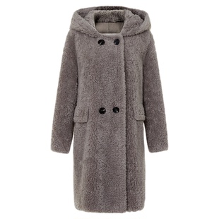 朗姿时尚100羊毛颗粒大衣保暖连帽仿皮草长款女2025年冬季新款