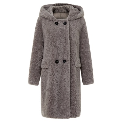 朗姿时尚100羊毛颗粒大衣保暖连帽仿皮草长款女2025年冬季新款