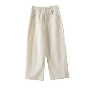 灯芯绒阔腿裤女秋冬新款白色高腰宽松雪尼尔卷边弯刀休闲直筒裤子