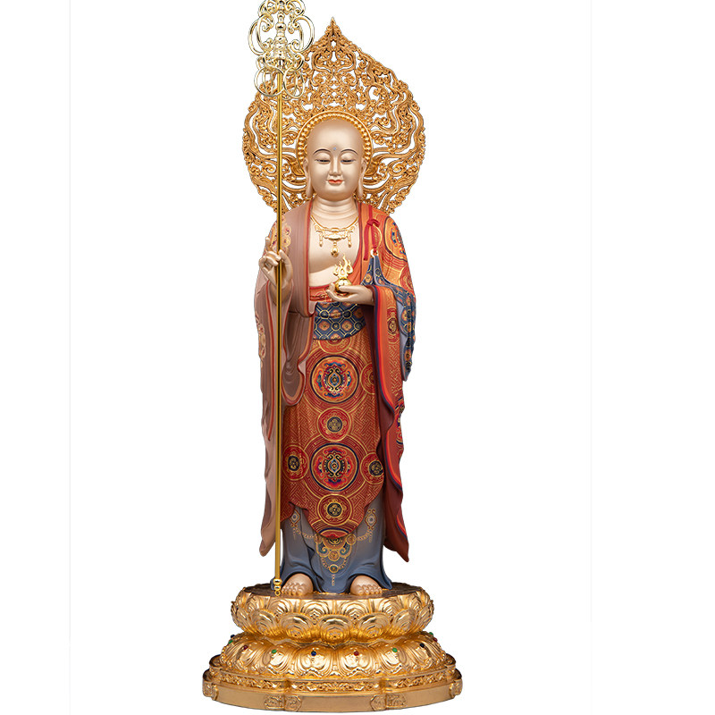站地藏王菩萨佛像铜彩绘站立地藏家用寺庙佛堂佛像摆件光头带帽
