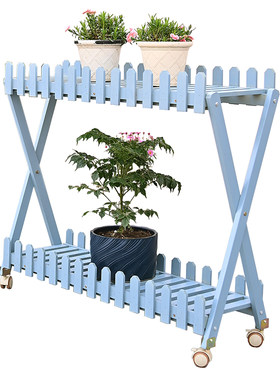 可移动双层带栅栏实木花架