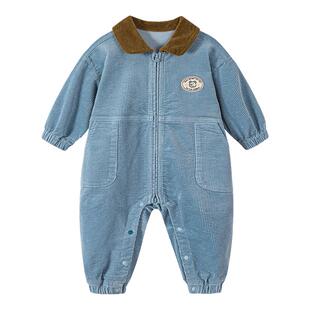 迷你巴拉婴童外出连体衣男女宝宝复古工装灯芯绒爬服2025年秋季