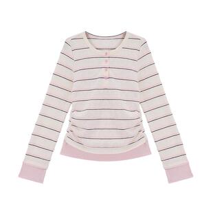 ablueberry 粉色条纹长袖T恤女26春新款半开领设计感韩系辣妹上衣