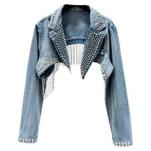 欧货铆钉镶钻流苏牛仔马夹外套女2024年新款春夏装修身超短款上衣