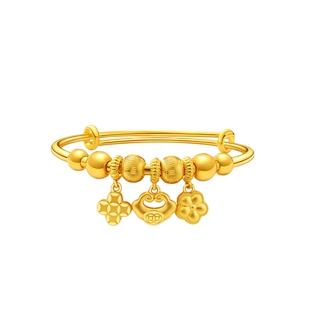 老庙足金999如意三宝儿童推拉手镯四喜铜钱金珠守护宝宝成长