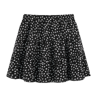 韩系黑色碎花半身裙女春夏小个子蛋糕裙大码高腰显瘦雪纺A字短裙