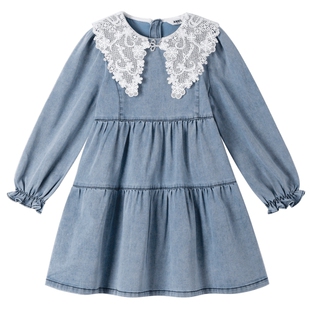 安奈儿童装女童连衣裙纯色秋装蓝色牛仔清新弹力A字裙子
