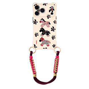 黑花三马~mate60挂绳手机壳四角带孔17Promax适用苹果iPhone16plus华为pura80pro/70斜挎新款手提小米15/14女