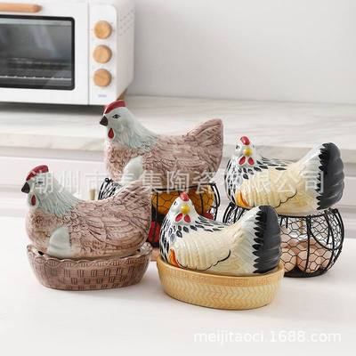 陶瓷母鸡收纳篮铁艺物鸡蛋篮收纳水果家用储篮批发创意厨房篮子