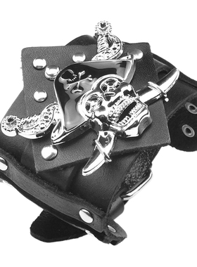 骷髅鬼头海盗夸张黑牛皮朋克手链