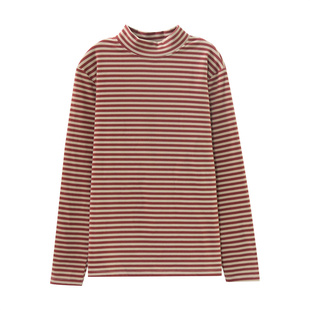 半高领女装条纹T恤德绒秋衣中领长袖洋气上衣宽松打底衫内搭秋冬