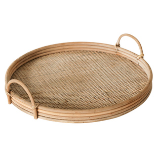 日式复古天然藤编托盘茶盘圆形零食盘点心盘民宿装饰摆件中式大号