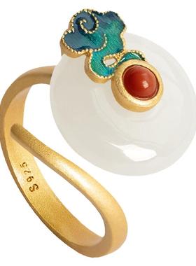 和田玉平安扣戒指玉质烧蓝掐丝珐琅景泰蓝指环复古南红故宫开口戒