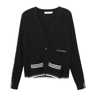 HONRN/红人黑v领打底羊毛针织衫开衫上衣套装短款女春秋HH11OM625