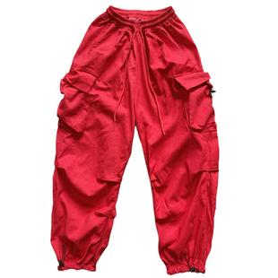 美式工装裤女爵士跳舞jazz裤子宽松棉质hiphop街舞潮牌运动裤红色