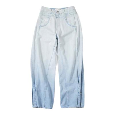 定位印花拼接直筒牛仔裤