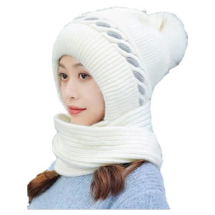 帽子围巾一体女秋冬围脖两用连帽冷帽冬天加绒保暖毛线针织帽风雪