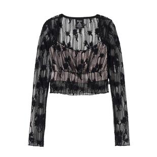 Badee 春季性感蕾丝透气露腰长袖打底衫女士内搭短款辣妹上衣