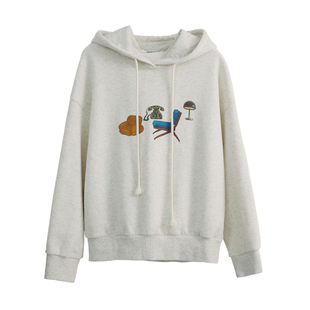 花吉C061米色印花连帽宽松加绒卫衣女2025新款秋冬休闲学院风上衣