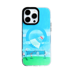 创意羽毛球适用苹果16promax磁吸手机壳iPhone15磁吸支架旋转14pro按键凸起13pm插画16防摔双层15pm新保护套