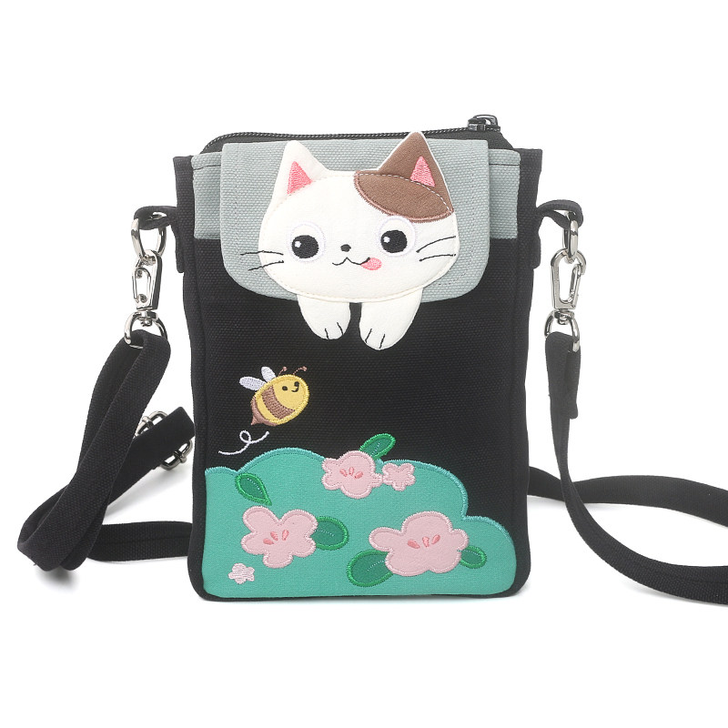 Kine猫帆布女逛街手机包小斜挎包