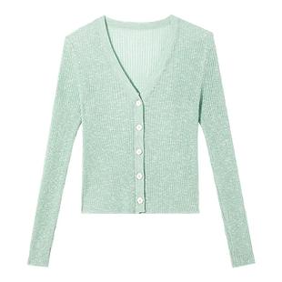 朗姿V领开襟百搭针织开衫肌理亚麻针织衫外搭薄款2025年夏季新款