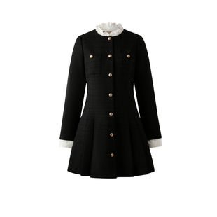 Eland衣恋连衣裙女法式小香风荷叶边立领短裙2025冬季新款