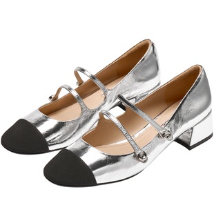73hours女鞋音乐剧2026春季新款法式银色复古粗跟增高玛丽珍单鞋