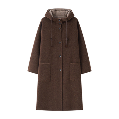 羊绒天丝混纺撞色抽绳连帽大衣