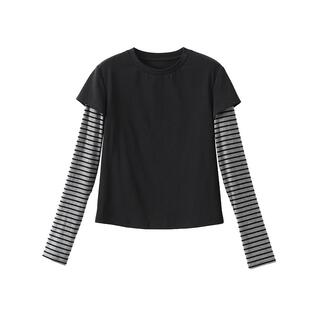 popchrio◆小众设计感假两件叠穿拼接长袖T恤撞色条纹圆领上衣女