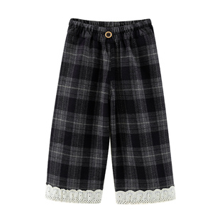 女童加绒裤子秋冬款儿童加厚一体绒直筒裤女孩宝宝格子休闲裤长裤
