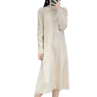 23秋冬新款羊毛连衣裙减龄女娃娃领A字裙抽条纯羊毛过膝打底长裙