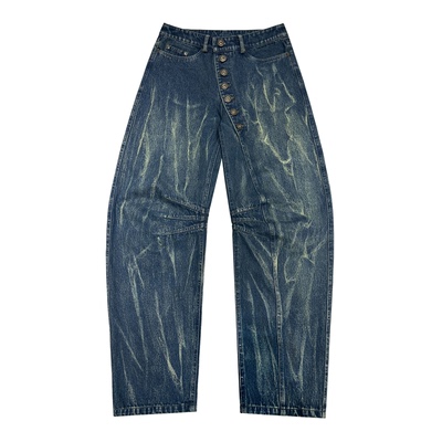 LUCENCY25AW 宽松巷脚做旧牛仔裤 不对称门襟 显高显瘦百搭长裤