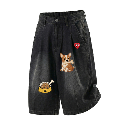 查尔斯桃心解构小狗印花牛仔短裤