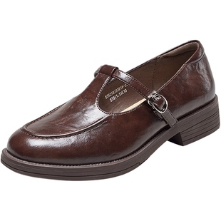 意尔康女鞋春秋季学院风乐福鞋T型玛丽珍单鞋粗跟小皮鞋配裙子