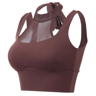 白色网纱拼接挂脖背心瑜伽美背防震运动聚拢防下垂收副乳健身上衣