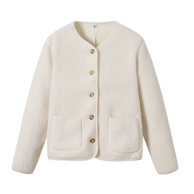 日系女装仿羊羔绒摇粒绒圆领开衫长袖保暖抓绒外套秋冬季481025