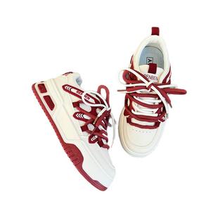 人本小白鞋女2025春秋新款百搭厚底休闲运动小众时尚新年红色板鞋