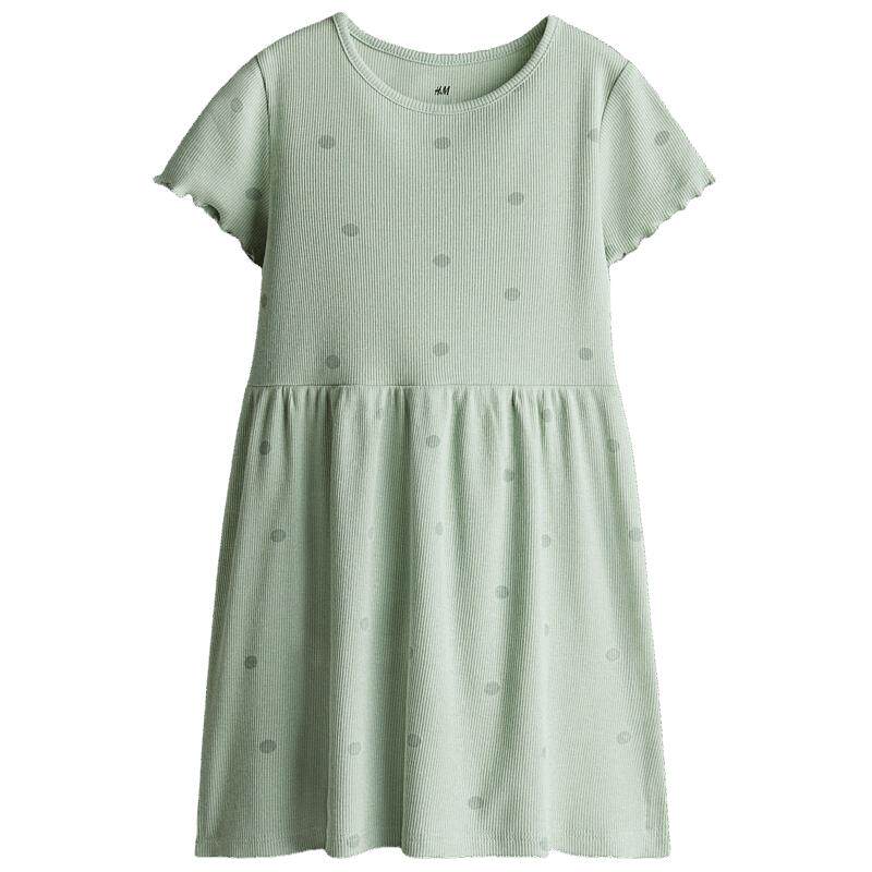 HM童装儿童女童连衣裙夏季罗纹棉质圆领短袖喇叭裙1282829
