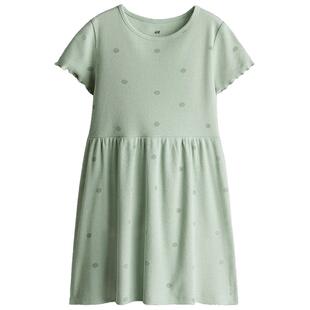 HM童装儿童女童连衣裙夏季罗纹棉质圆领短袖喇叭裙1282829