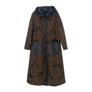 连帽加绒风衣女加长款高档提花羊绒大衣妈妈气质保暖A版宽松外套