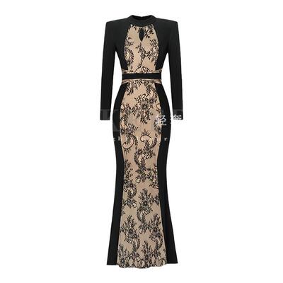 YOUKEFEIER原创设计高定蕾丝拼接水晶麻纱轻奢气质长袖鱼尾连衣裙