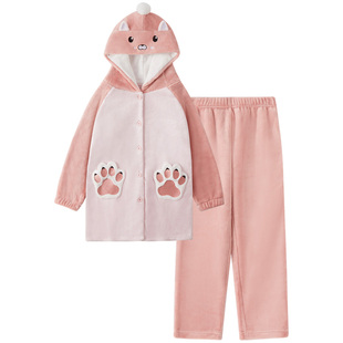 SCHIESSER舒雅童装女童法兰绒小熊造型连帽睡衣家居服套装21412H