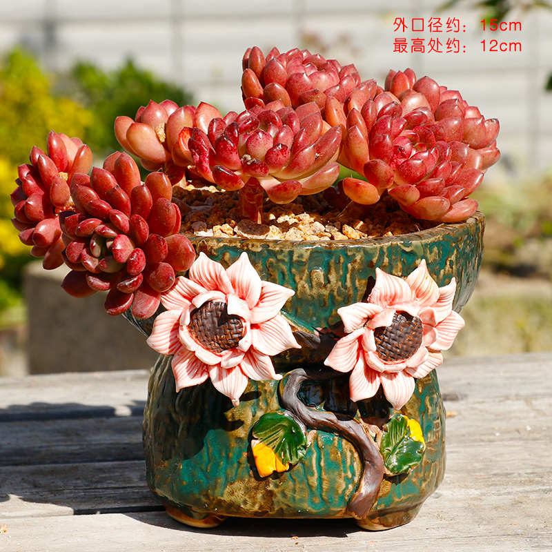 麦饭石手绘手捏花盆 粗颗粒多肉花盆 老桩盆拼盘群生盆精美