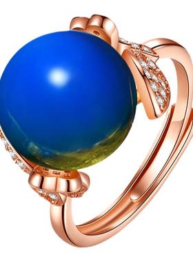 戒指女旗袍国潮风复古装加合成蓝珀天空蓝琥珀蜜蜡圆珠蝴蝶结指环