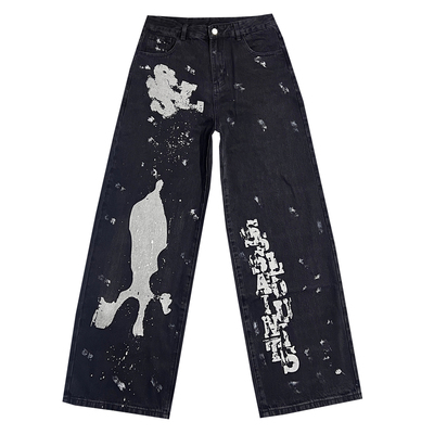 个性时尚涂鸦泼墨印花黑色直筒牛仔裤男款阔腿裤宽松街头潮牌长裤