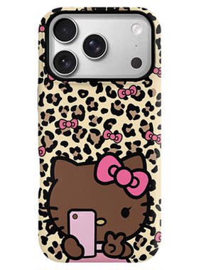 HelloKitty黑皮手机壳17promax硅胶韩系ISN豹纹X凯蒂猫适用iPhone16防摔15plus卡通小众巨好看的14软硬壳可爱