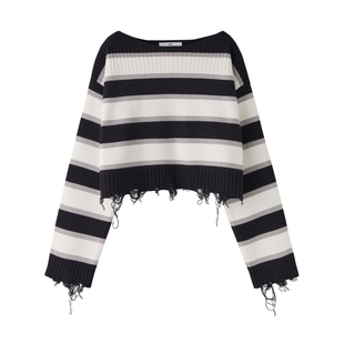 SLY 新品甜美日系撞色条纹磨损毛边时尚针织衫毛衣038HSL70-4090