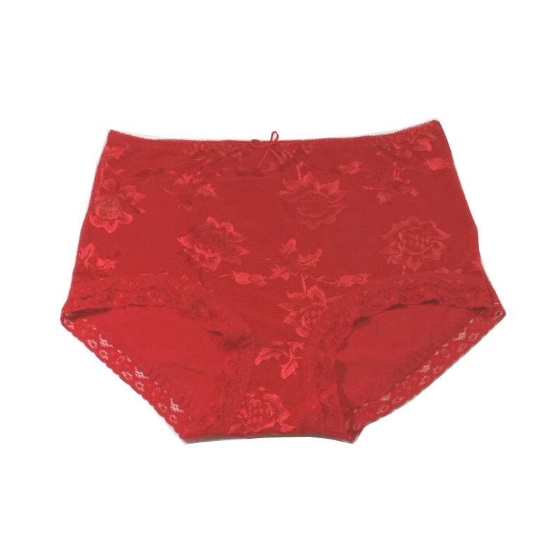 蝶安芬中高腰平角内裤女大红前网纱后蕾丝透气弹力棉无痕性感内裤