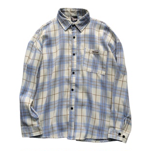 2026新款高级感痞帅风长袖衬衣男秋季浅蓝格子衬衫上衣女外套蓝色